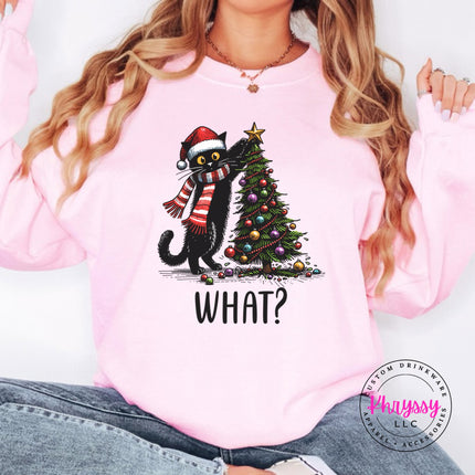 Light Pink crewneck sweatshirt with the What Cat Christmas tree design.