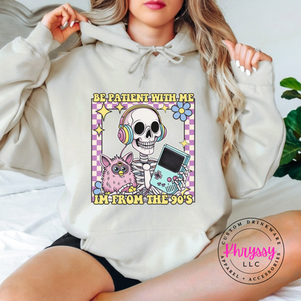 Close up of the retro skeleton art on a Sand hoodie.