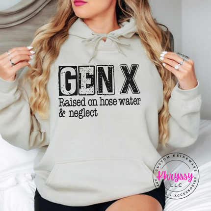 Sand hoodie with distressed Gen X Raised on Hose Water and Neglect print