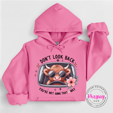 Azalea hoodie with a highland cow in sunglasses and Don't Look Back print