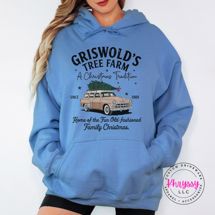 Old-Fashioned Family Christmas hoodie in Carolina Blue with a vintage station wagon.