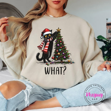 Sand crewneck sweatshirt with the What Cat Christmas tree design.