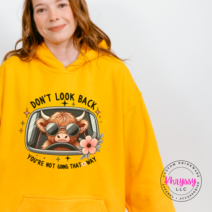 Gold hoodie with a highland cow in sunglasses and Don't Look Back print