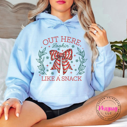 Light Blue hoodie with the Lookin Like A Snack candy cane bow.