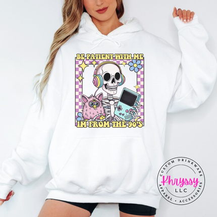 Close up of the retro skeleton art on a White hoodie.