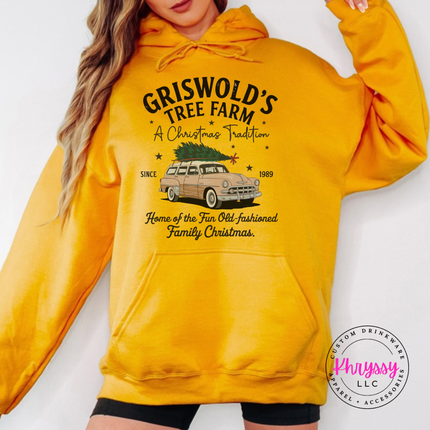Old-Fashioned Family Christmas hoodie in Gold with a vintage station wagon.