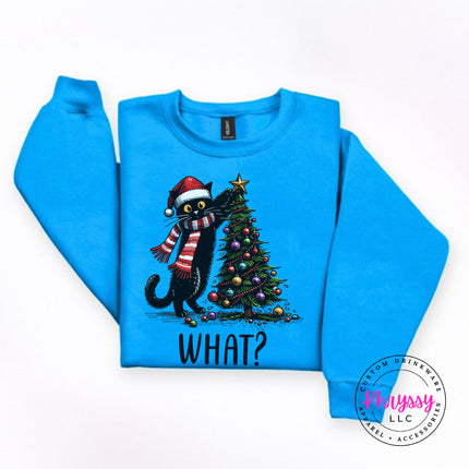 Sapphire crewneck sweatshirt with the What Cat Christmas tree design.