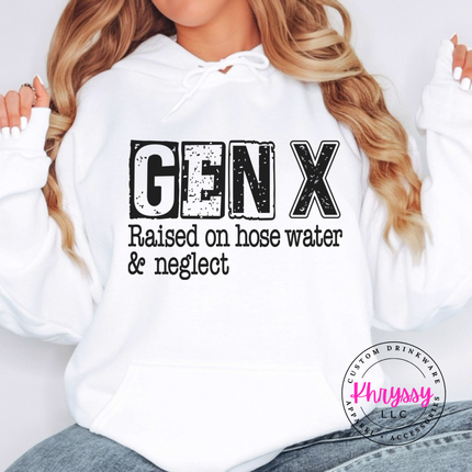 White hoodie with distressed Gen X Raised on Hose Water and Neglect print