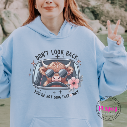 Light Blue hoodie with a highland cow in sunglasses and Don't Look Back print