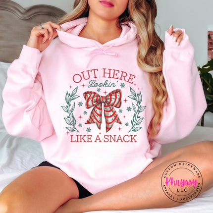 Light Pink hoodie with the Lookin Like A Snack candy cane bow.