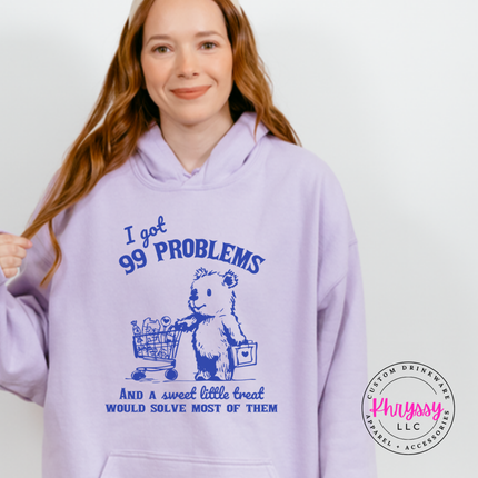 Model wearing the 99 Problems But a Sweet Little Treat treat bear hoodie in Orchid.