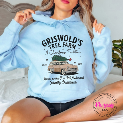 Old-Fashioned Family Christmas hoodie in Light Blue with a vintage station wagon.