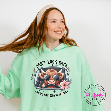 Mint Green hoodie with a highland cow in sunglasses and Don't Look Back print