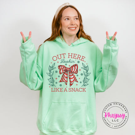 Mint Green hoodie with the Lookin Like A Snack candy cane bow.