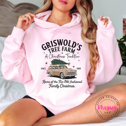 Old-Fashioned Family Christmas hoodie in Light Pink with a vintage station wagon.