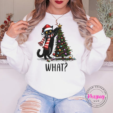 White crewneck sweatshirt with the What Cat Christmas tree design.