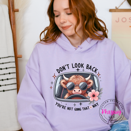 Orchid hoodie with a highland cow in sunglasses and Don't Look Back print