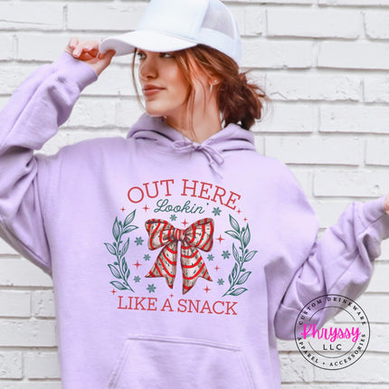 Orchid hoodie with the Lookin Like A Snack candy cane bow.
