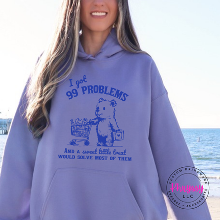 Violet hoodie showing a cute one-color bear and cart sweet little treat design.
