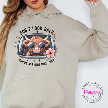 Sand hoodie with a highland cow in sunglasses and Don't Look Back print