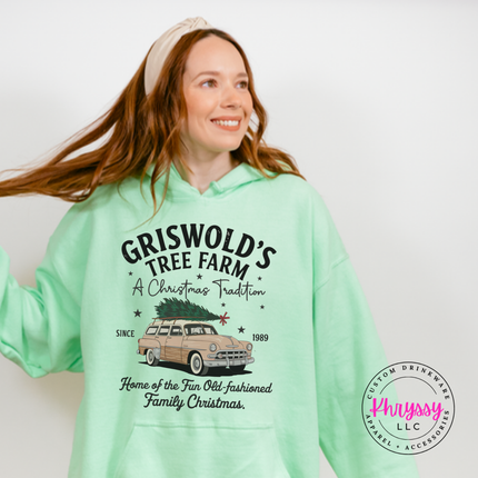 Old-Fashioned Family Christmas hoodie in Mint Green with a vintage station wagon.