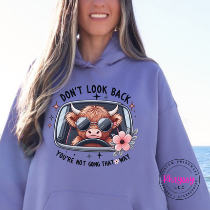 Violet hoodie with a highland cow in sunglasses and Don't Look Back print