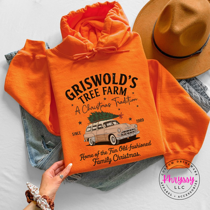 Old-Fashioned Family Christmas hoodie in Orange with a vintage station wagon.