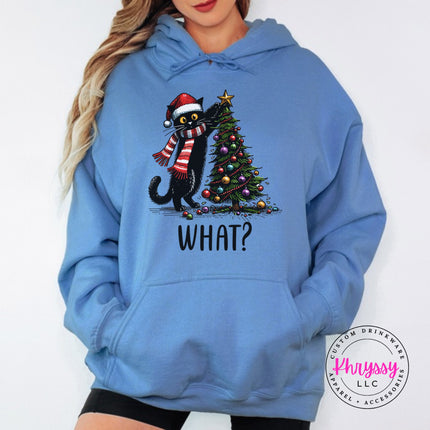 Carolina Blue hoodie with the What Cat Christmas tree design.