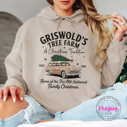 Old-Fashioned Family Christmas hoodie in Sand with a vintage station wagon.