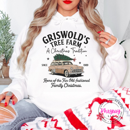 Old-Fashioned Family Christmas hoodie in White with a vintage station wagon.