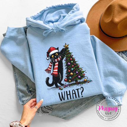 Light Blue hoodie with the What Cat Christmas tree design.