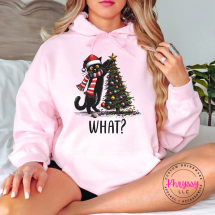 Light Pink hoodie with the What Cat Christmas tree design.