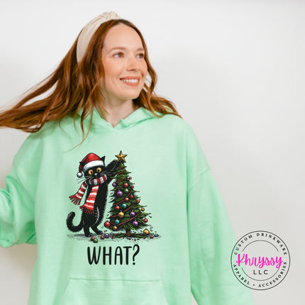 Mint Green hoodie with the What Cat Christmas tree design.