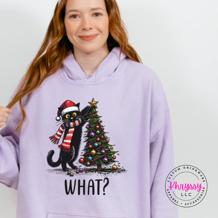 Orchid hoodie with the What Cat Christmas tree design.
