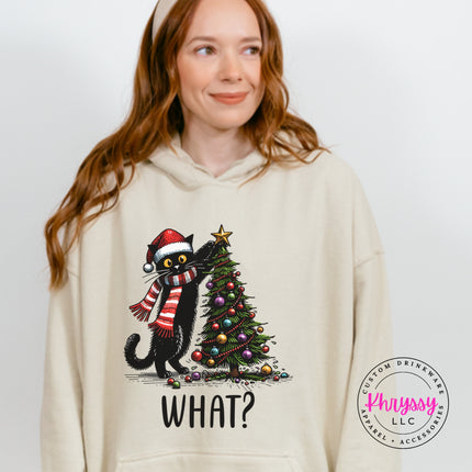 Sand hoodie with the What Cat Christmas tree design.