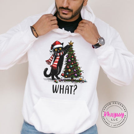 White hoodie with the What Cat Christmas tree design.
