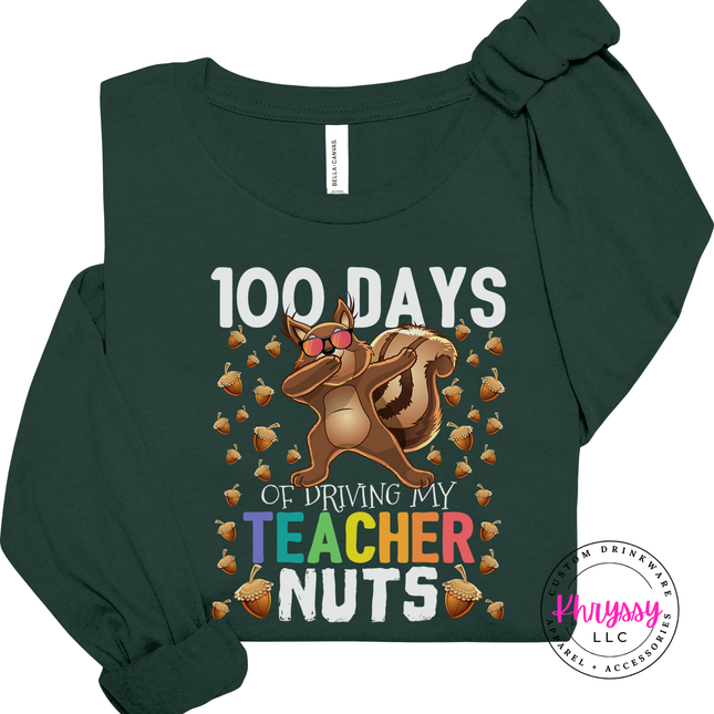 Close-up of the squirrel and rainbow teacher text on a Forest tee.
