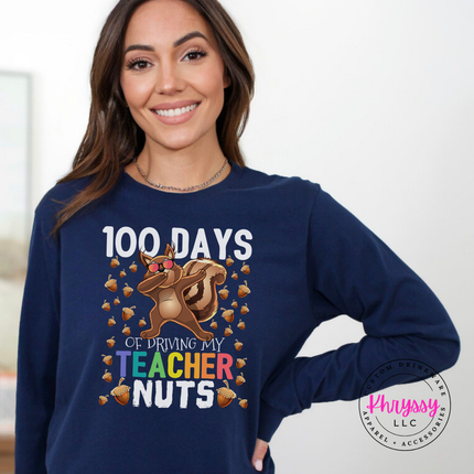 Lightweight squirrel 100 days tee in Navy with acorns and sunglasses.