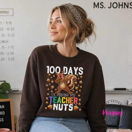 Cozy Dark Chocolate sweatshirt with dabbing squirrel 100 days graphic.