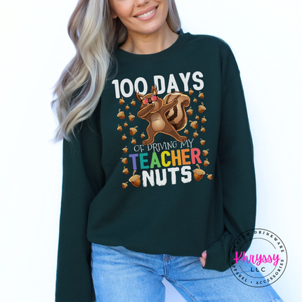 100 days squirrel crewneck in Forest, layered for cooler school days.