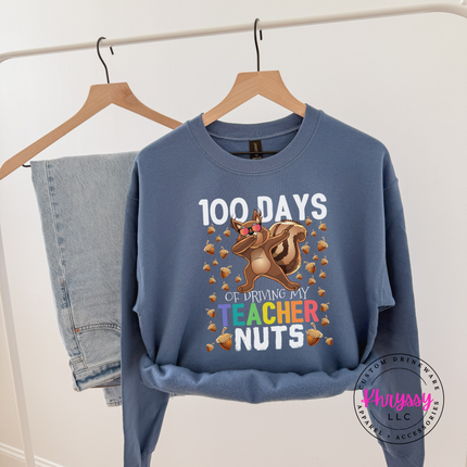 100 days squirrel crewneck sweatshirt in Indigo, cozy for milestone celebration.