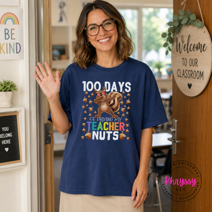 100 days squirrel tee in navy, styled for milestone celebration day.
