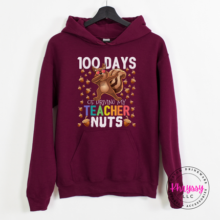 100 days squirrel hoodie in Maroon, layered for a cooler milestone day.