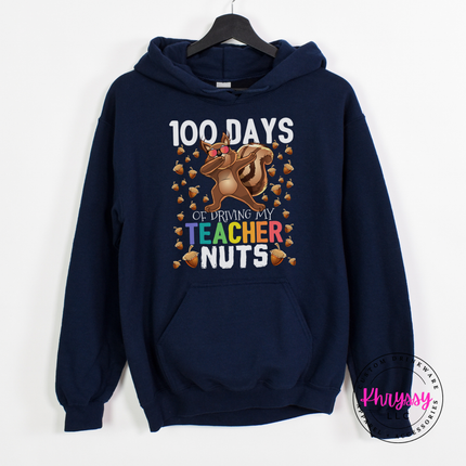 100 days squirrel hoodie in Navy with drawstring hood and kangaroo pocket.