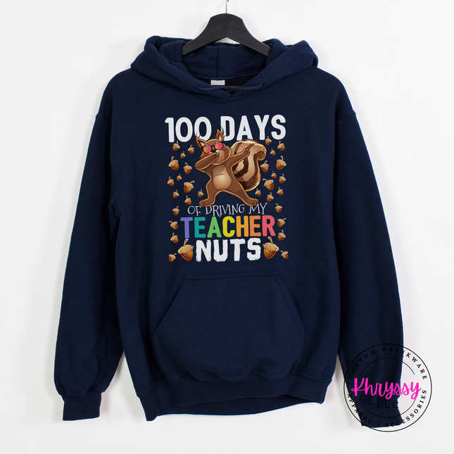 100 days squirrel hoodie in Navy with drawstring hood and kangaroo pocket.