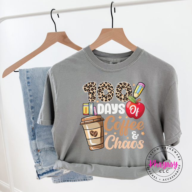 Woman wearing a Gray 100 days of coffee and chaos leopard tee.