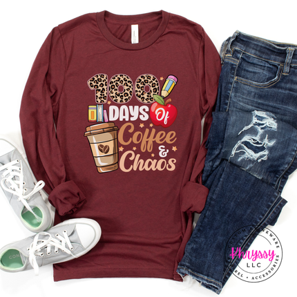 Lightweight leopard 100 days tee in maroon with coffee cup graphic.