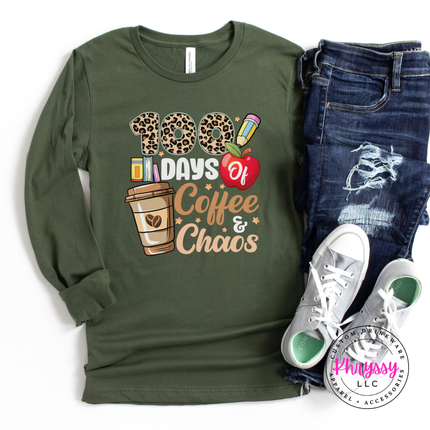 Leopard print 100 days graphic shown on a military green colored tee.