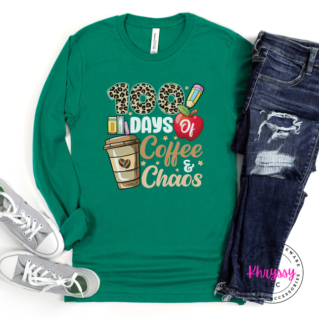 100 days coffee and chaos tee in Kelly, styled for milestone day.