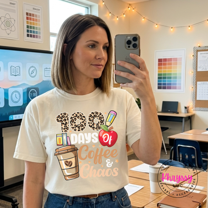 Leopard print 100 days graphic shown on an Ivory colored tee.